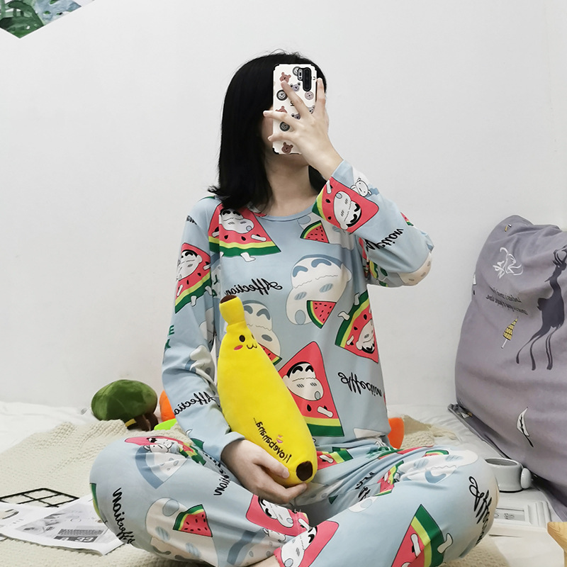 Simple Style Spring and Autumn Pajamas for Women Korean Style Solid Color Plaid Long Sleeve Wearable Loose Homewear Set