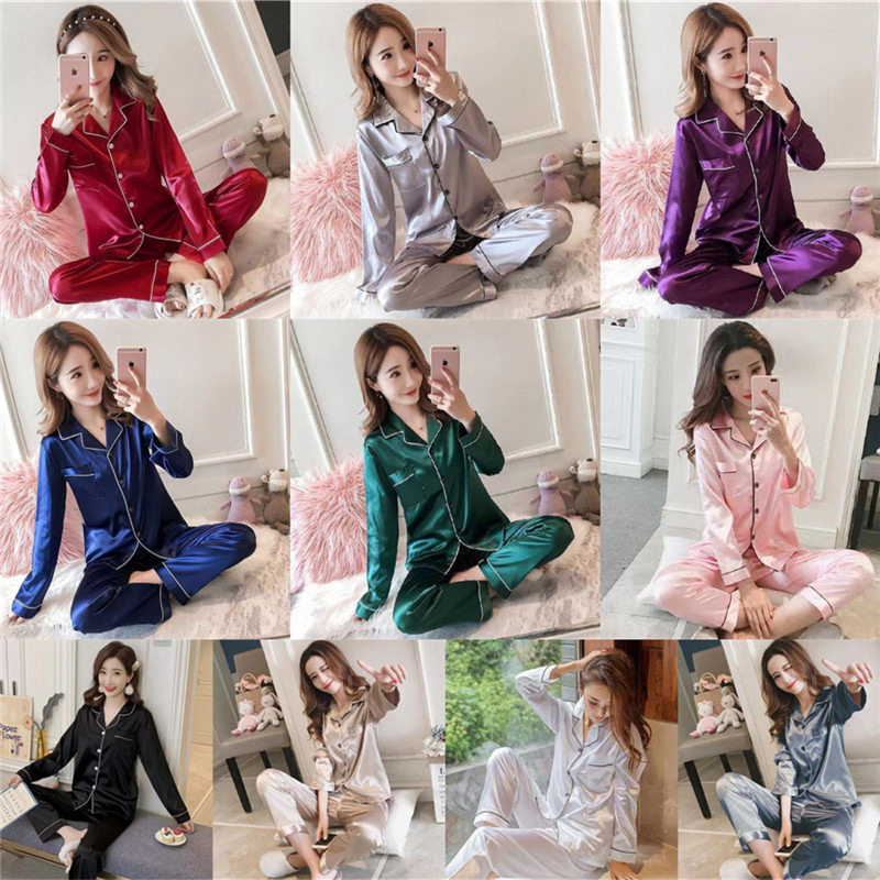 Spring Summer Ice Silk Pajamas for Women Long Sleeve 10 Colors Plus Size Loose M-5XL Homewear Imitation Silk Set Autumn