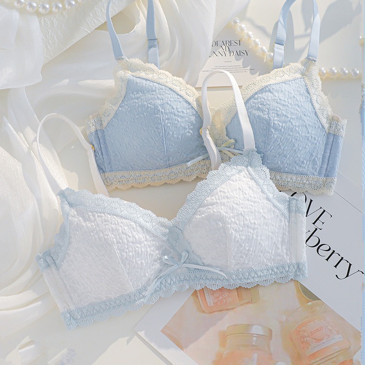 Women's Underwear Small Chest Push-Up Lace Wireless Thin Bra Set with Side Support Anti-Sagging for Girls