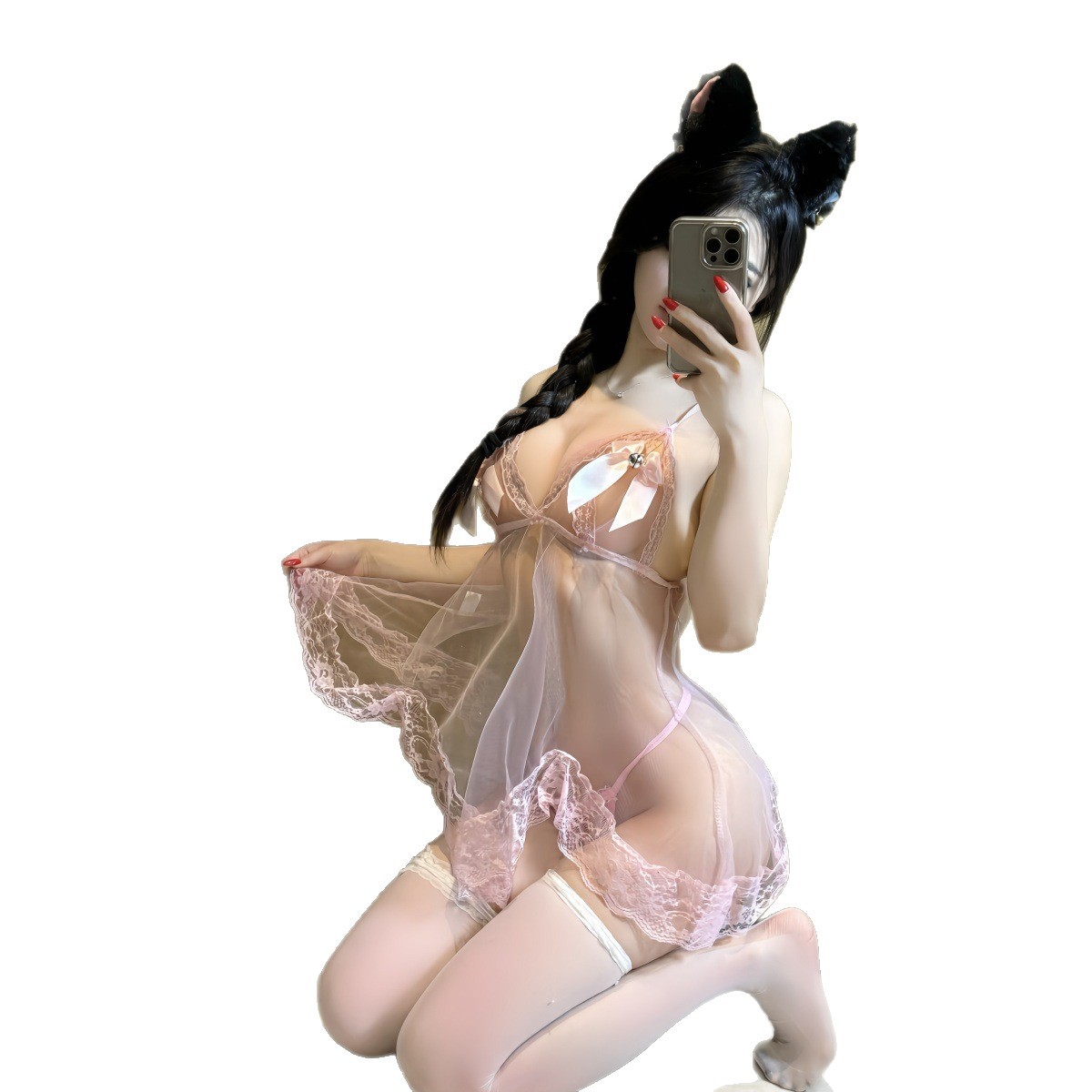  Sexy See-through Strap Irregular Lace Trim Hollow Out Erotic Lingerie Girl Temptation Nightdress-SLIQIA