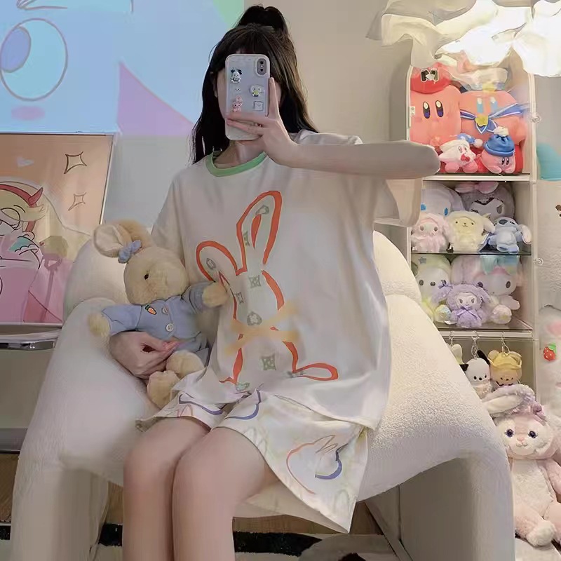 Printed Pajamas Women's Summer Short Sleeve Thin round Neck Suit Cute Cartoon Student Girl Home Wear