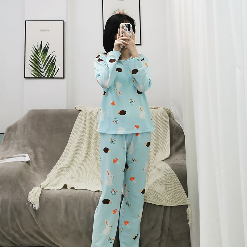Simple Style Spring and Autumn Pajamas for Women Korean Style Solid Color Plaid Long Sleeve Wearable Loose Homewear Set