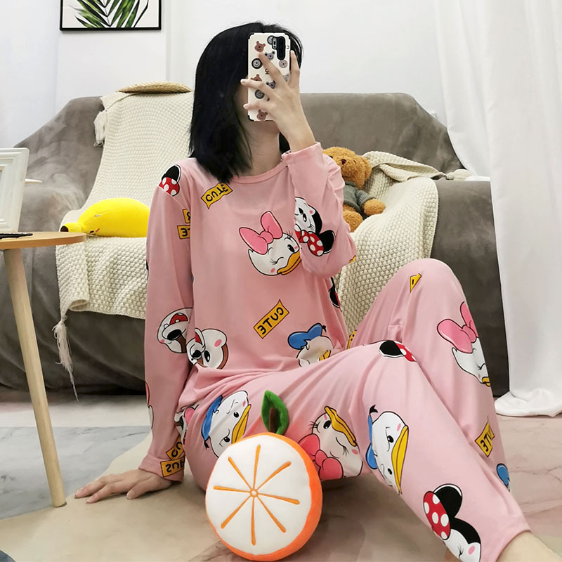 Simple Style Spring and Autumn Pajamas for Women Korean Style Solid Color Plaid Long Sleeve Wearable Loose Homewear Set