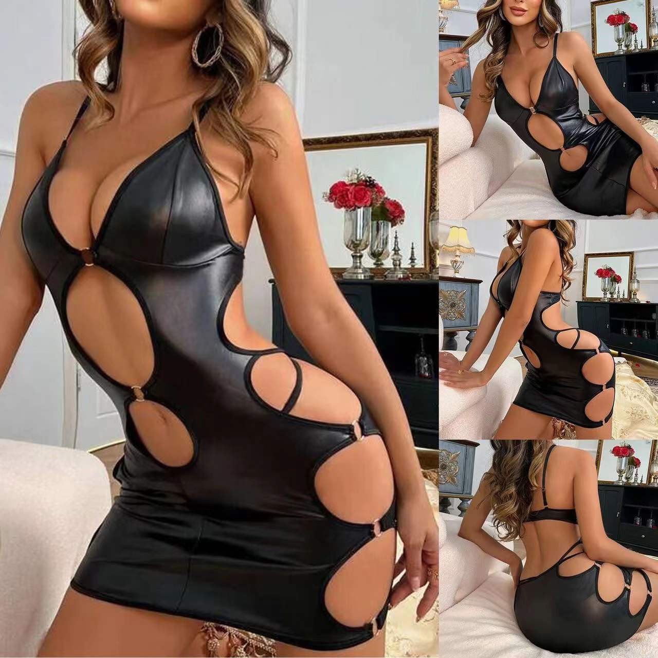  Style Sexy Lingerie for Women, Patent Leather Hollow Out Camisole Dress, Tight Dress, Bodysuit-SLIQIA