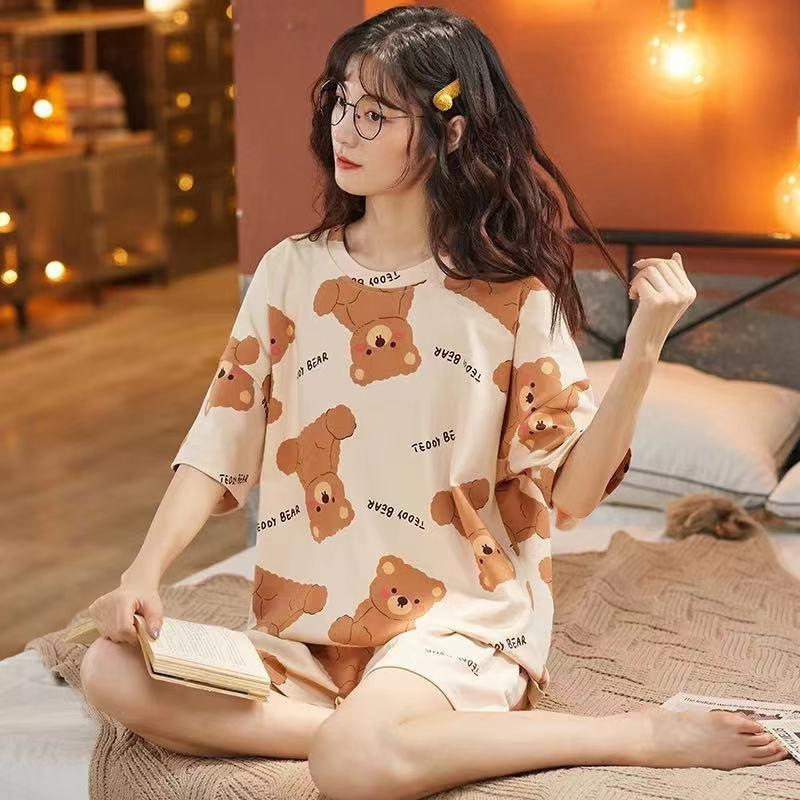 Printed Pajamas Women's Summer Short Sleeve Thin round Neck Suit Cute Cartoon Student Girl Home Wear