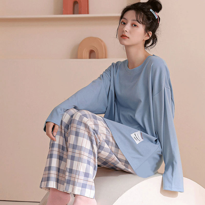 Simple Style Spring and Autumn Pajamas for Women Korean Style Solid Color Plaid Long Sleeve Wearable Loose Homewear Set
