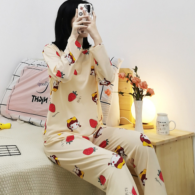 Simple Style Spring and Autumn Pajamas for Women Korean Style Solid Color Plaid Long Sleeve Wearable Loose Homewear Set