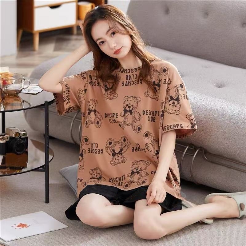 Printed Pajamas Women's Summer Short Sleeve Thin round Neck Suit Cute Cartoon Student Girl Home Wear