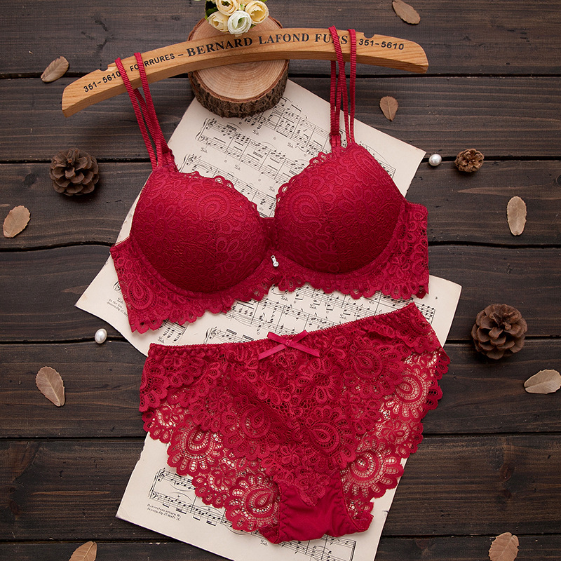 Foreign Trade Red Lace Sexy Push-Up Wireless Bra Wedding Underwear Women's Bra Set