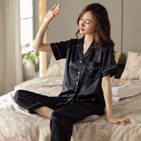 Spring Summer Ice Silk Pajamas for Women Long Sleeve 10 Colors Plus Size Loose M-5XL Homewear Imitation Silk Set Autumn