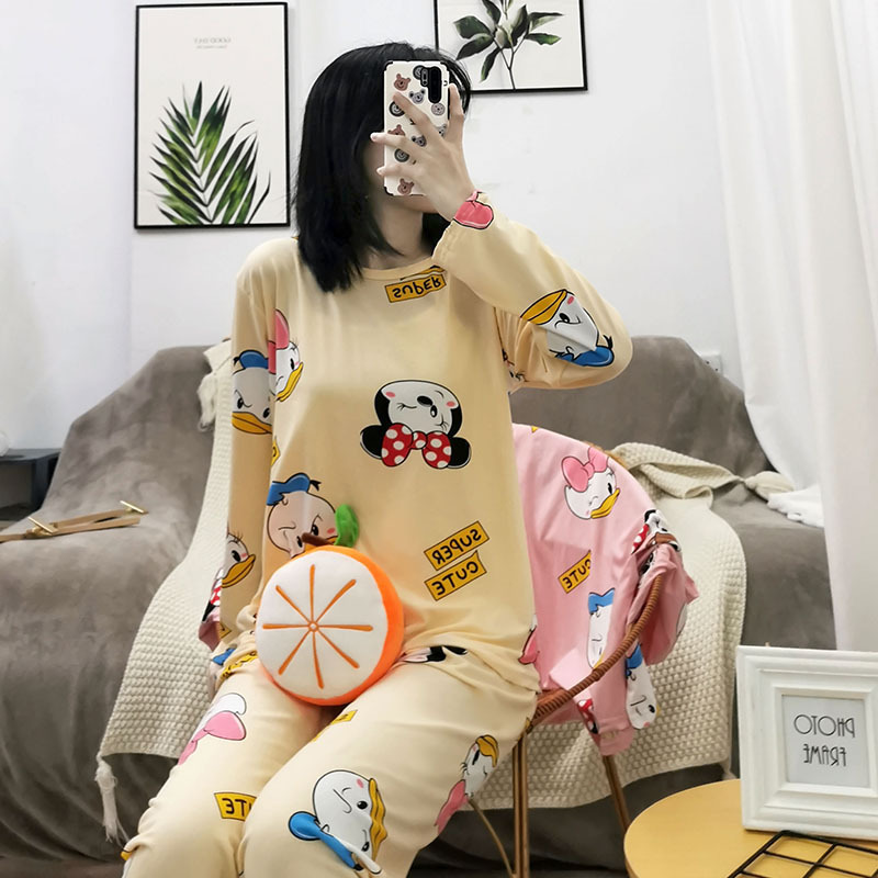 Simple Style Spring and Autumn Pajamas for Women Korean Style Solid Color Plaid Long Sleeve Wearable Loose Homewear Set
