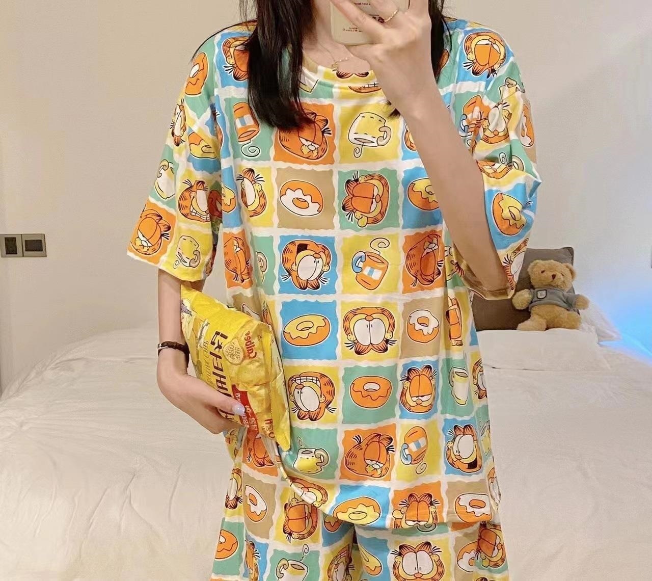 Printed Pajamas Women's Summer Short Sleeve Thin round Neck Suit Cute Cartoon Student Girl Home Wear