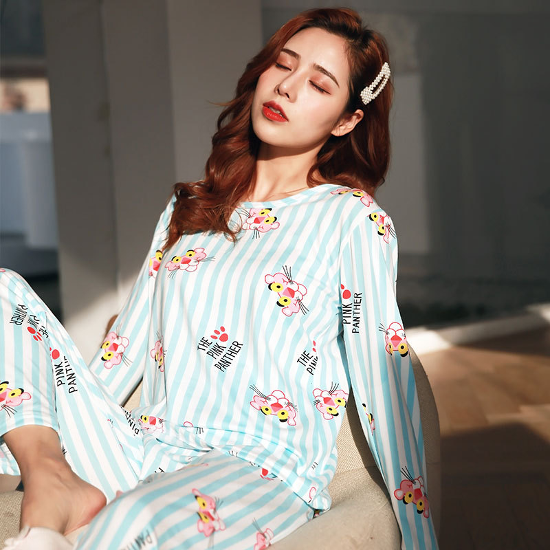 Simple Style Spring and Autumn Pajamas for Women Korean Style Solid Color Plaid Long Sleeve Wearable Loose Homewear Set