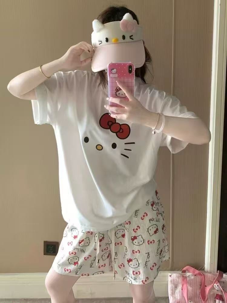 Printed Pajamas Women's Summer Short Sleeve Thin round Neck Suit Cute Cartoon Student Girl Home Wear