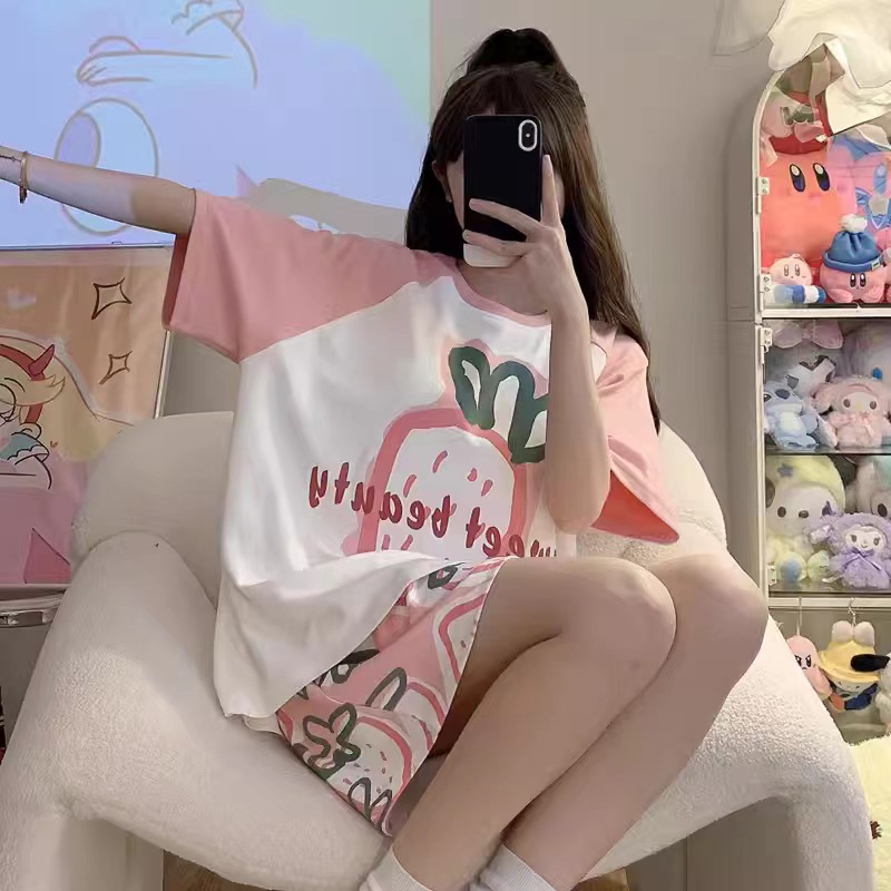 Printed Pajamas Women's Summer Short Sleeve Thin round Neck Suit Cute Cartoon Student Girl Home Wear