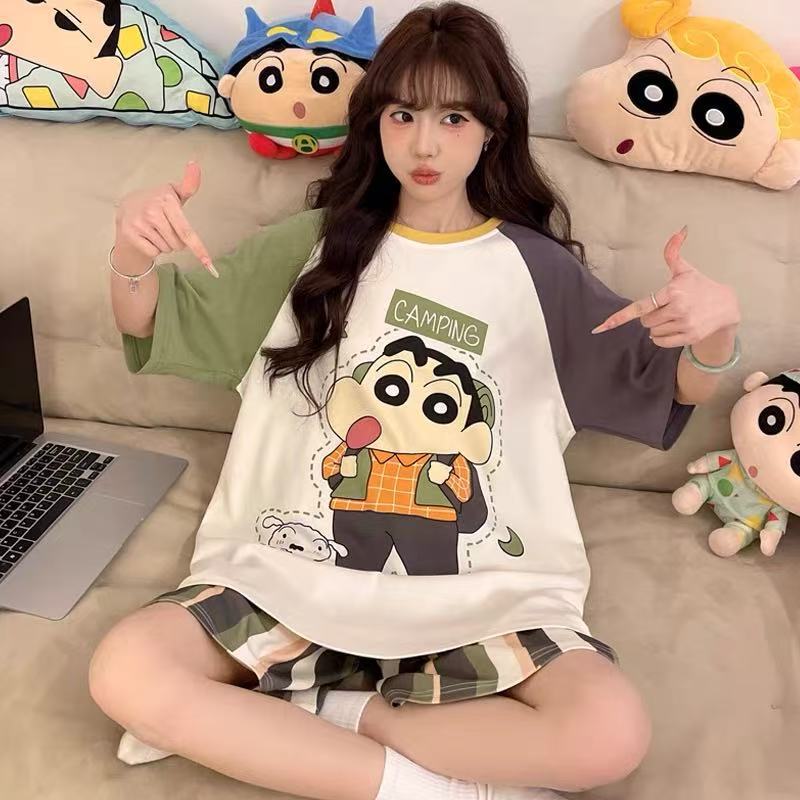 Printed Pajamas Women's Summer Short Sleeve Thin round Neck Suit Cute Cartoon Student Girl Home Wear