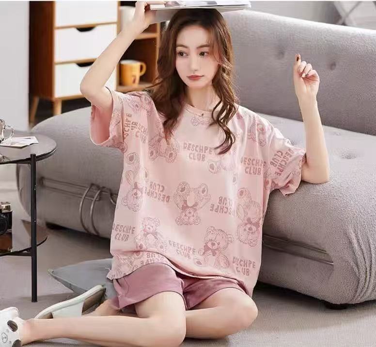 Printed Pajamas Women's Summer Short Sleeve Thin round Neck Suit Cute Cartoon Student Girl Home Wear