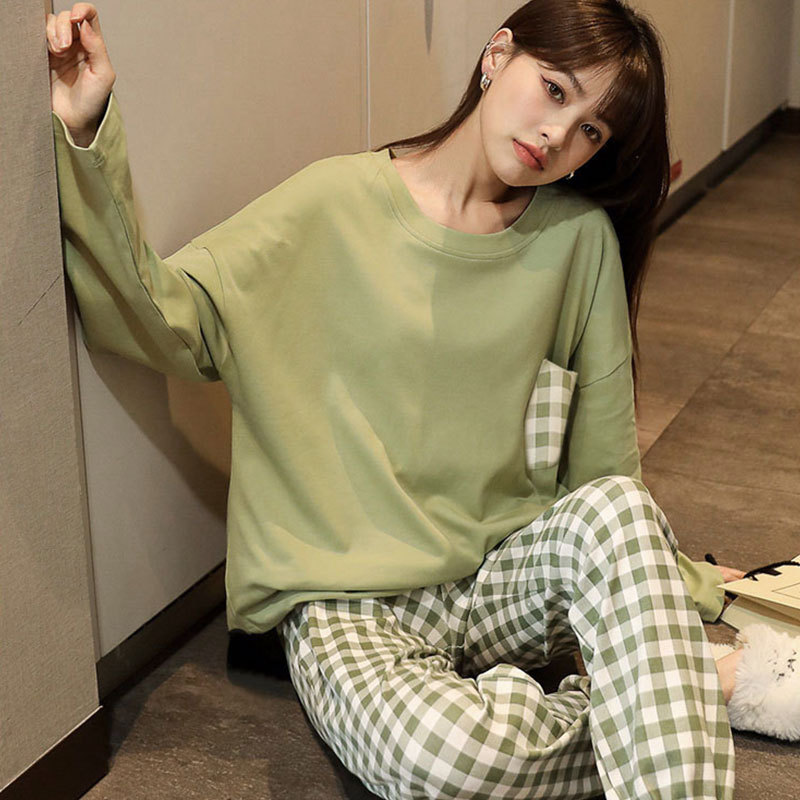 Simple Style Spring and Autumn Pajamas for Women Korean Style Solid Color Plaid Long Sleeve Wearable Loose Homewear Set