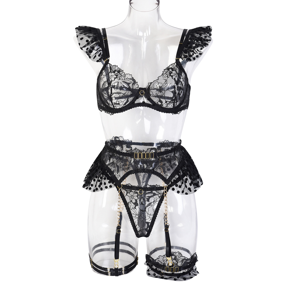 Premium Satin Sexy Lingerie 4-Piece Set, Chest-Exposing Design with Leg Ring Strap for Women 7-Piece Set Detachable(Hot-Selling)-SLIQIA