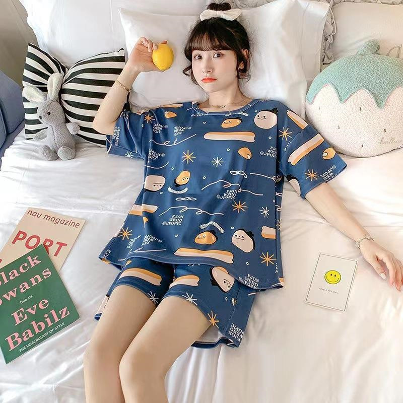 Printed Pajamas Women's Summer Short Sleeve Thin round Neck Suit Cute Cartoon Student Girl Home Wear