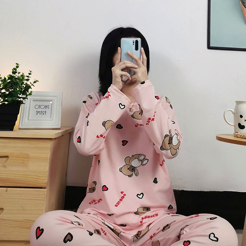 Simple Style Spring and Autumn Pajamas for Women Korean Style Solid Color Plaid Long Sleeve Wearable Loose Homewear Set