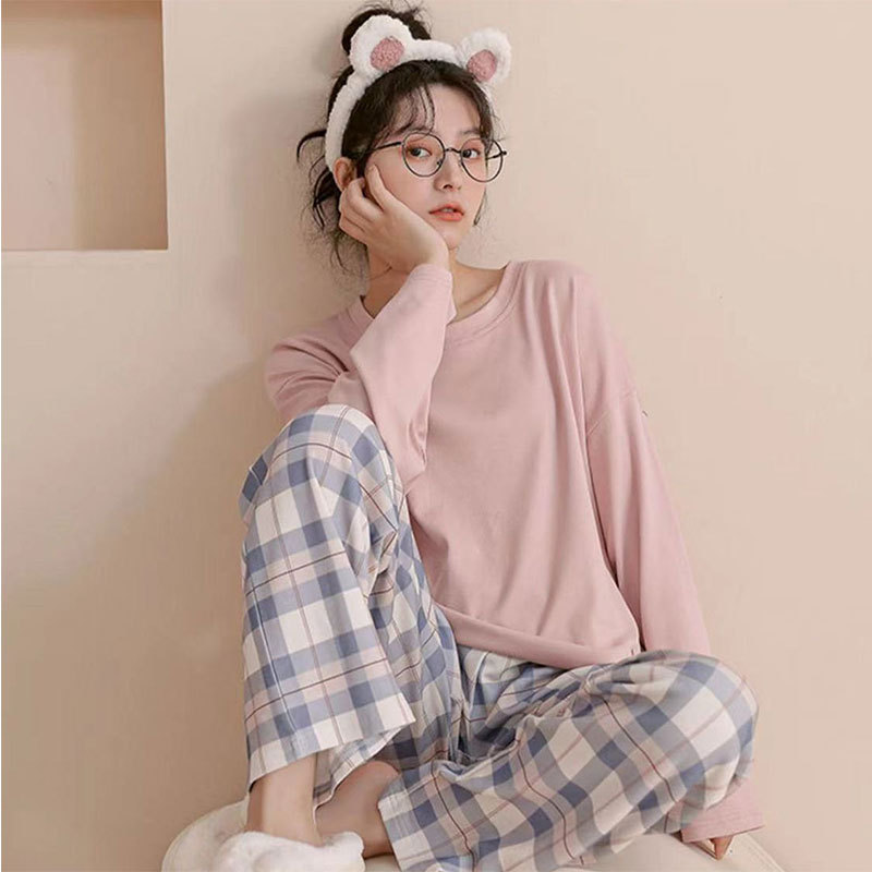 Simple Style Spring and Autumn Pajamas for Women Korean Style Solid Color Plaid Long Sleeve Wearable Loose Homewear Set