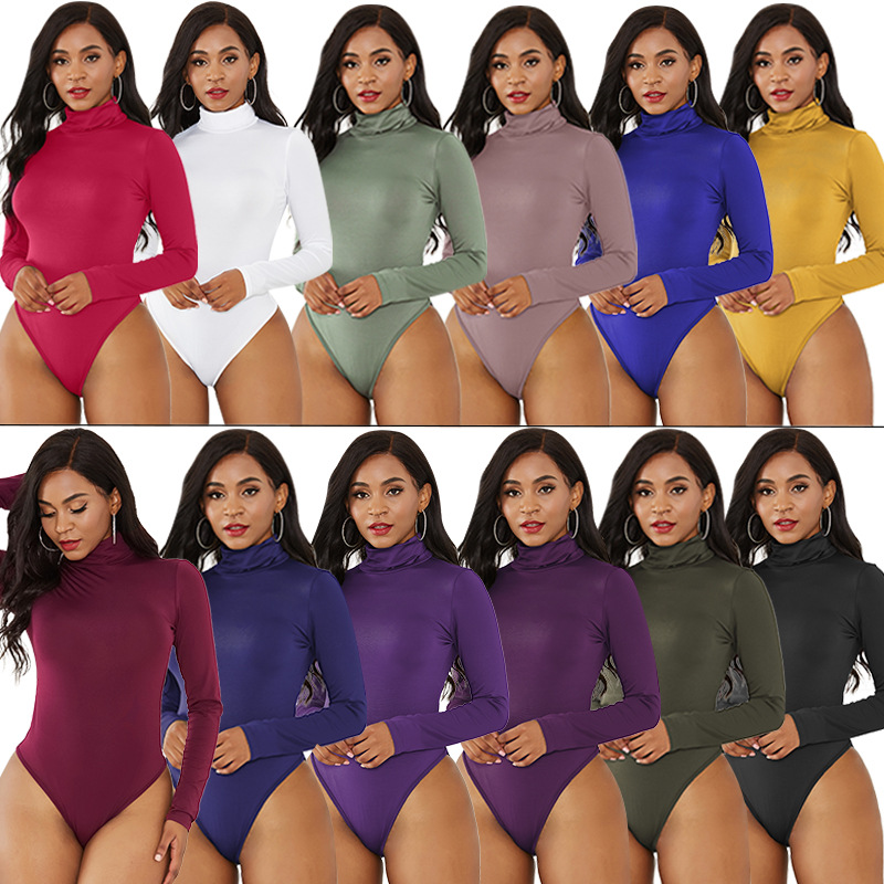 Sexy Women's Clothing 12 Colors Long Sleeve High Neck Slim Fit Solid Color Tight Bodysuit Winter-SLIQIA