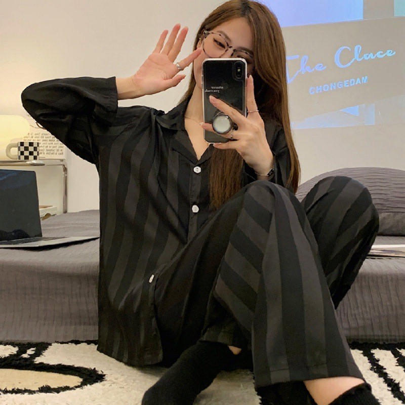 High-End Ice Silk Pajamas for Women, Spring and Autumn Long Sleeve Long Pants Student Ins Thin Home Wear Set