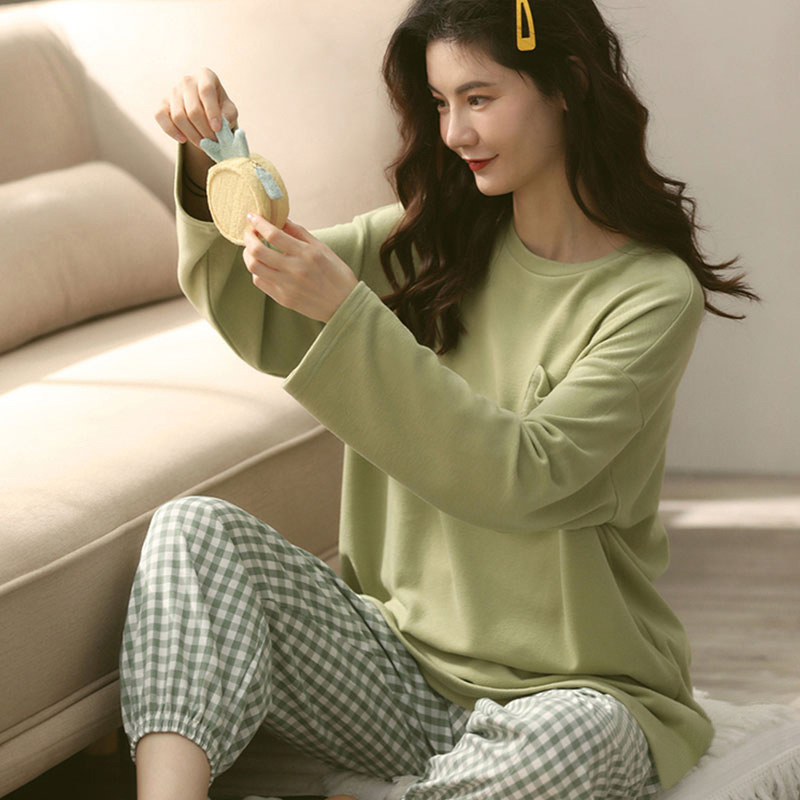 Simple Style Spring and Autumn Pajamas for Women Korean Style Solid Color Plaid Long Sleeve Wearable Loose Homewear Set