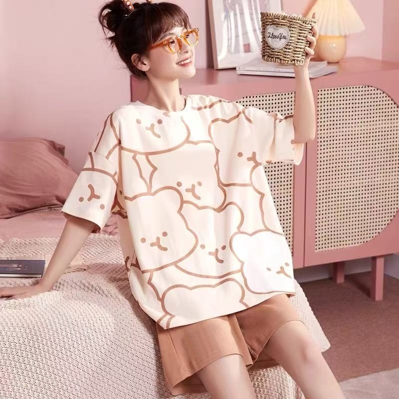 Printed Pajamas Women's Summer Short Sleeve Thin round Neck Suit Cute Cartoon Student Girl Home Wear