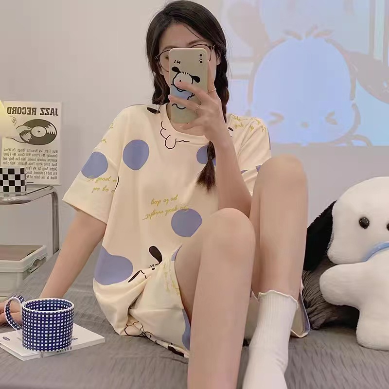 Printed Pajamas Women's Summer Short Sleeve Thin round Neck Suit Cute Cartoon Student Girl Home Wear