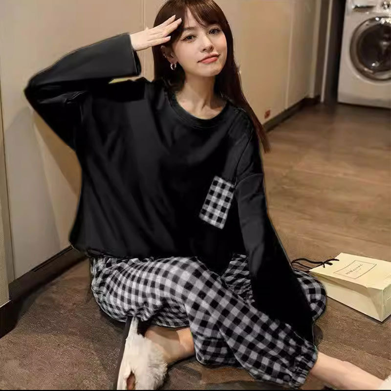 Simple Style Spring and Autumn Pajamas for Women Korean Style Solid Color Plaid Long Sleeve Wearable Loose Homewear Set