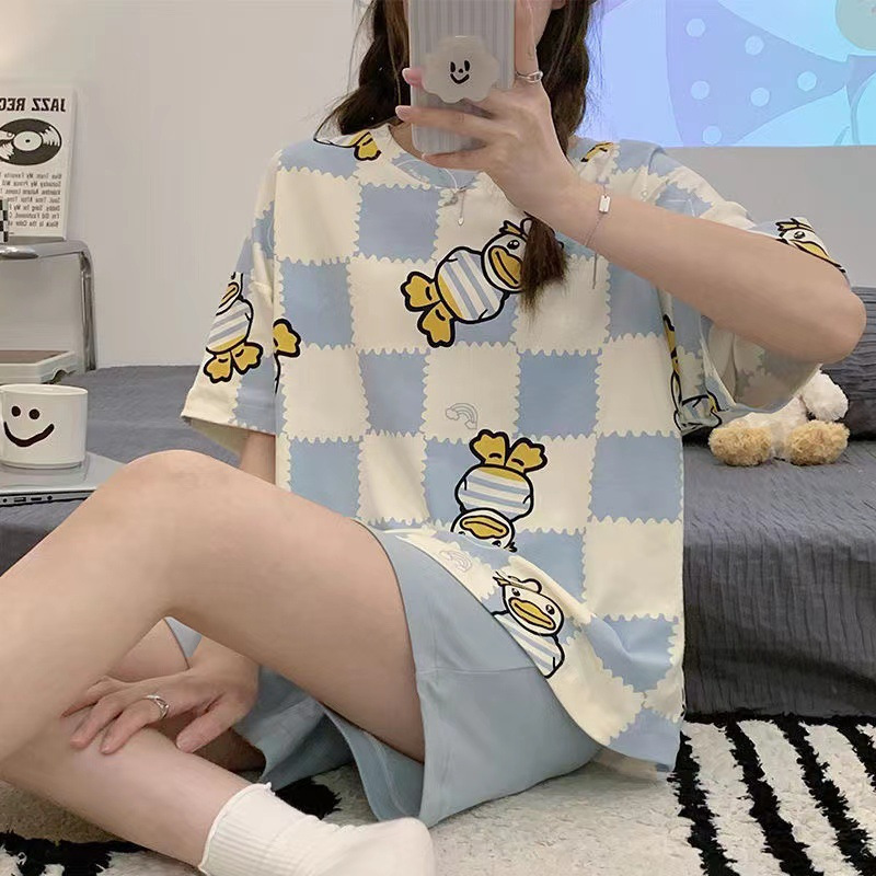 Printed Pajamas Women's Summer Short Sleeve Thin round Neck Suit Cute Cartoon Student Girl Home Wear