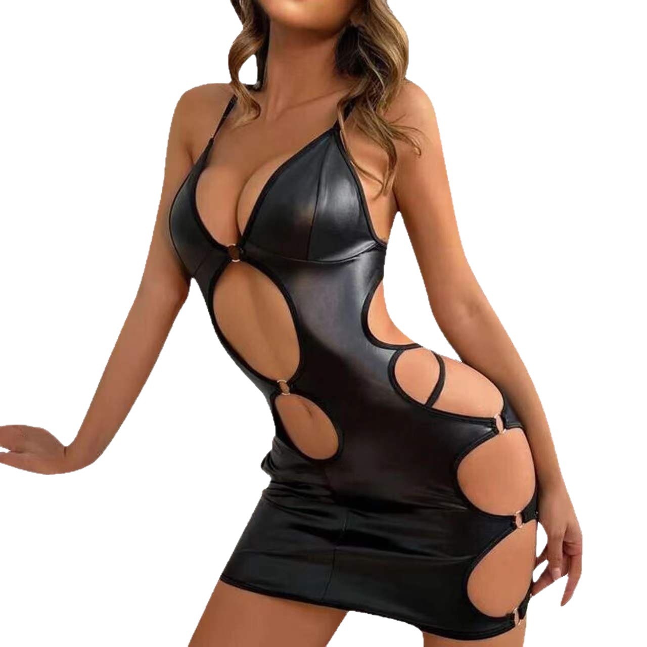  Style Sexy Lingerie for Women, Patent Leather Hollow Out Camisole Dress, Tight Dress, Bodysuit-SLIQIA