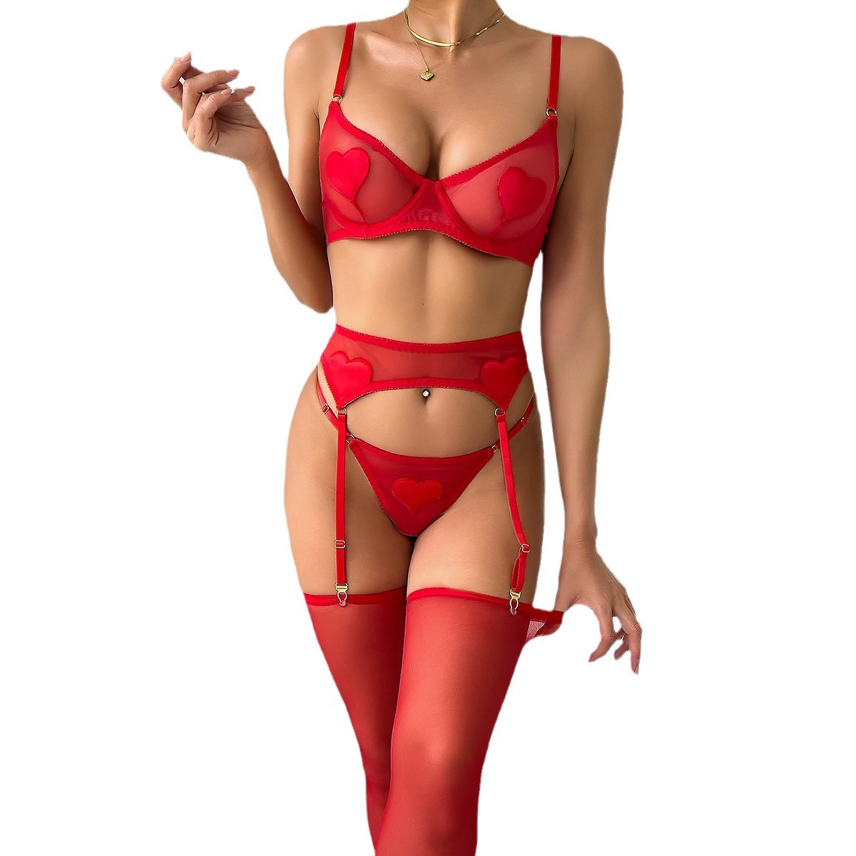 New Valentine's Day Love Heart Sexy Lingerie  Transparent Bra and Panties Four-Piece Set with Stockings Christmas Outfit-SLIQIA