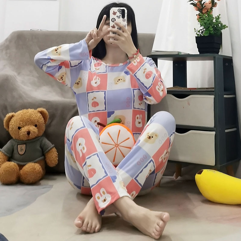 Simple Style Spring and Autumn Pajamas for Women Korean Style Solid Color Plaid Long Sleeve Wearable Loose Homewear Set