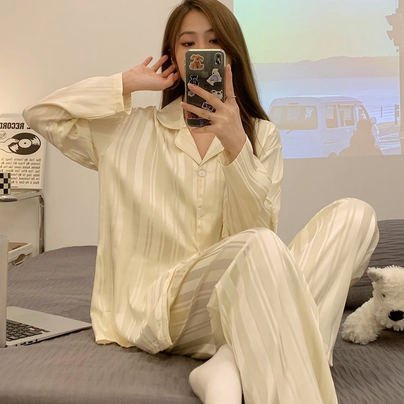 High-End Ice Silk Pajamas for Women, Spring and Autumn Long Sleeve Long Pants Student Ins Thin Home Wear Set