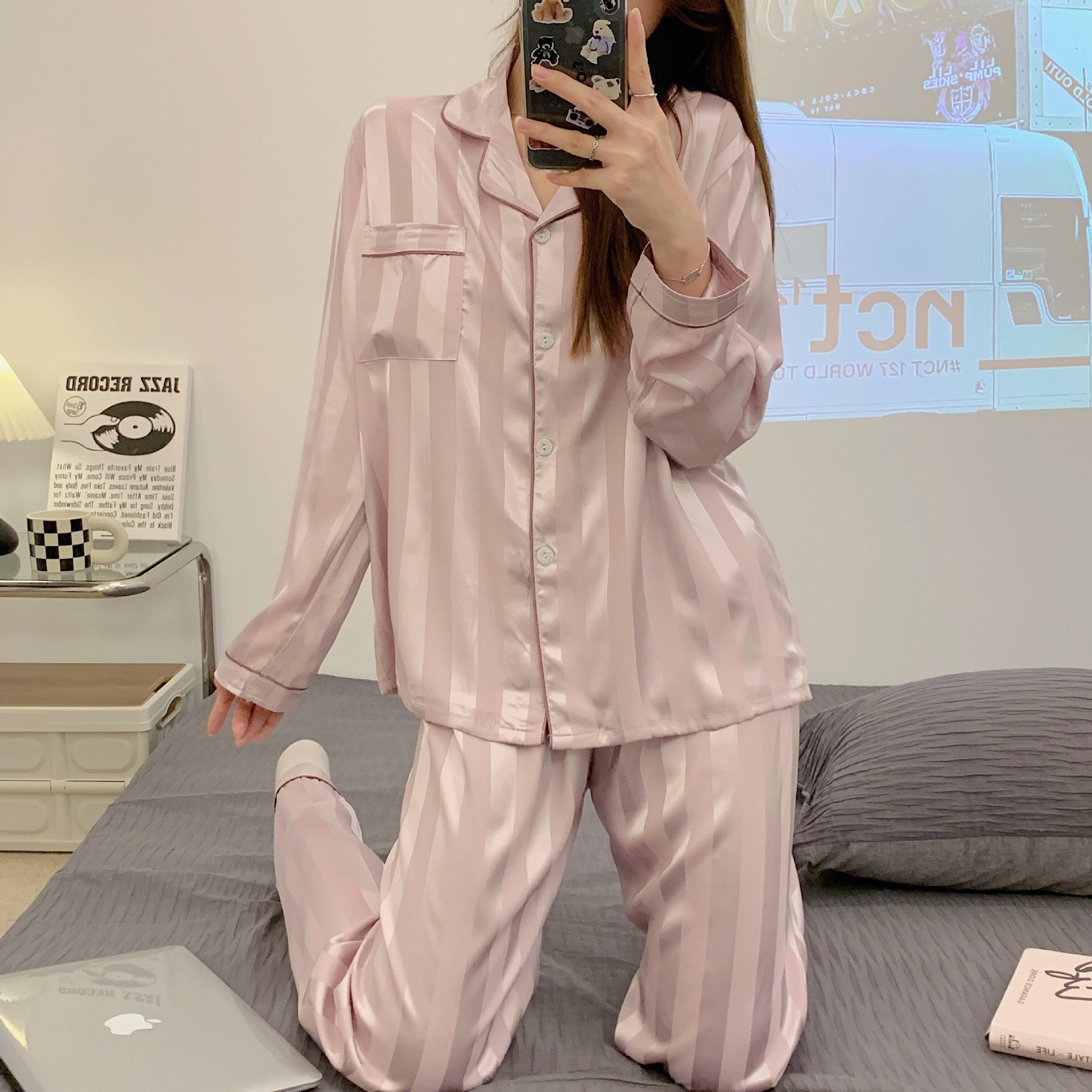 High-End Ice Silk Pajamas for Women, Spring and Autumn Long Sleeve Long Pants Student Ins Thin Home Wear Set