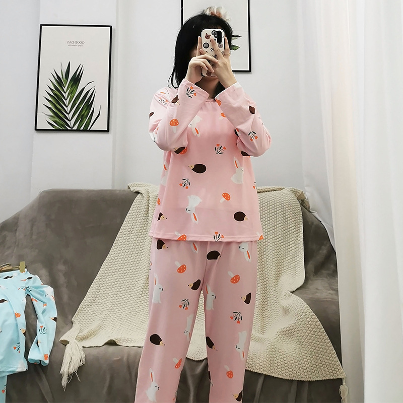 Simple Style Spring and Autumn Pajamas for Women Korean Style Solid Color Plaid Long Sleeve Wearable Loose Homewear Set