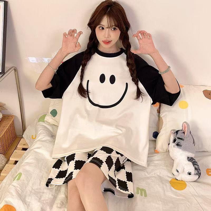 Printed Pajamas Women's Summer Short Sleeve Thin round Neck Suit Cute Cartoon Student Girl Home Wear