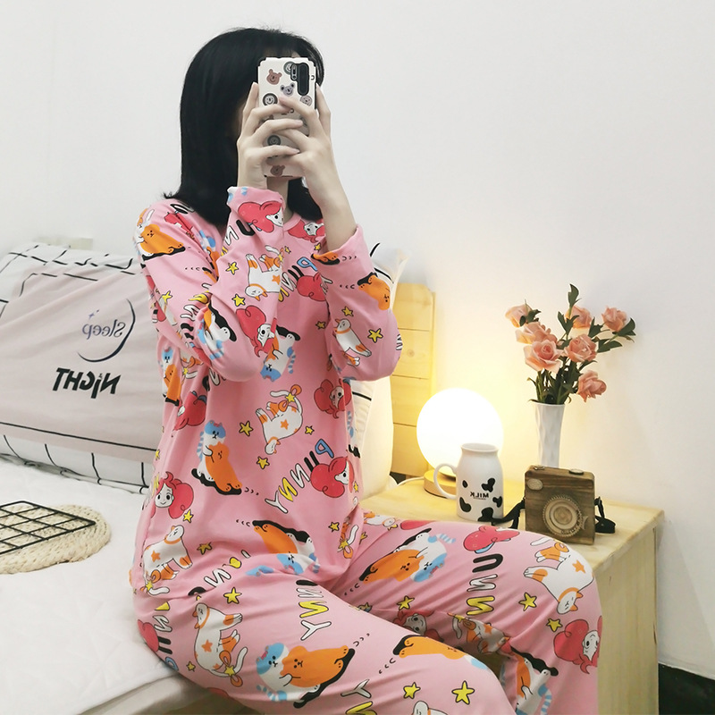 Simple Style Spring and Autumn Pajamas for Women Korean Style Solid Color Plaid Long Sleeve Wearable Loose Homewear Set