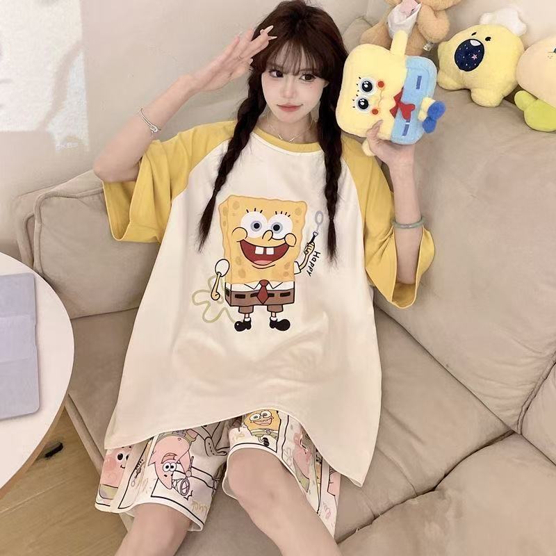 Printed Pajamas Women's Summer Short Sleeve Thin round Neck Suit Cute Cartoon Student Girl Home Wear