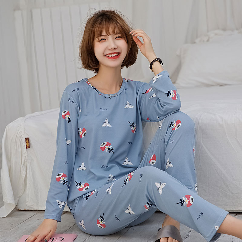 Simple Style Spring and Autumn Pajamas for Women Korean Style Solid Color Plaid Long Sleeve Wearable Loose Homewear Set