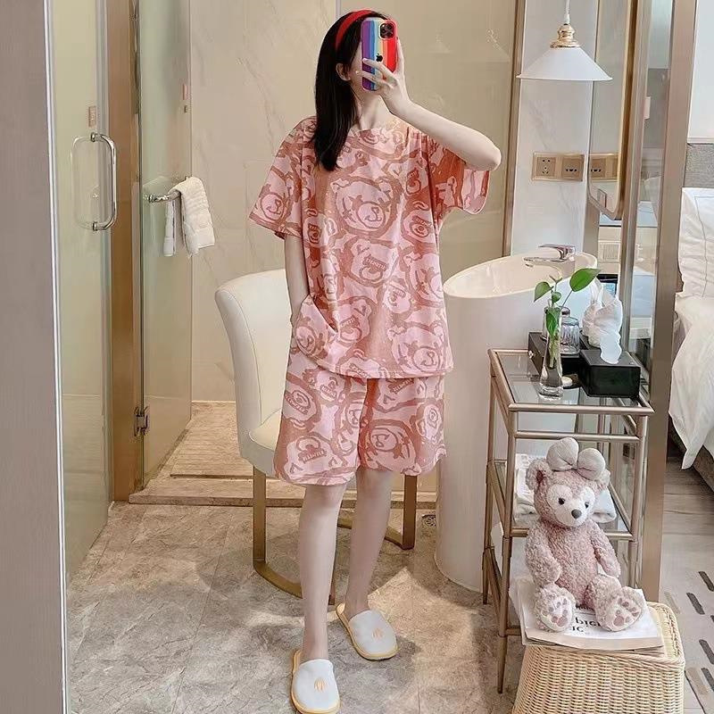 Printed Pajamas Women's Summer Short Sleeve Thin round Neck Suit Cute Cartoon Student Girl Home Wear