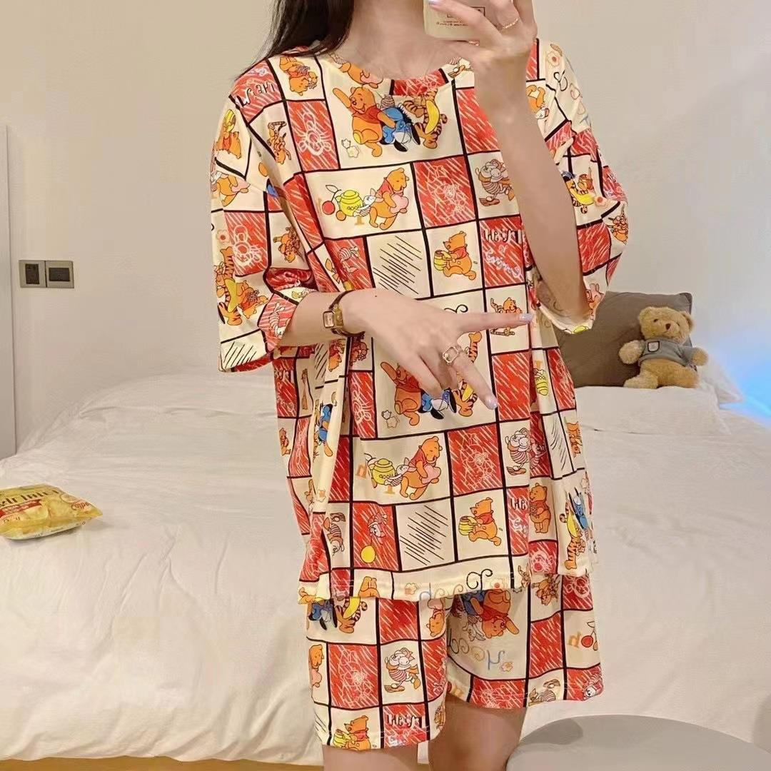 Printed Pajamas Women's Summer Short Sleeve Thin round Neck Suit Cute Cartoon Student Girl Home Wear