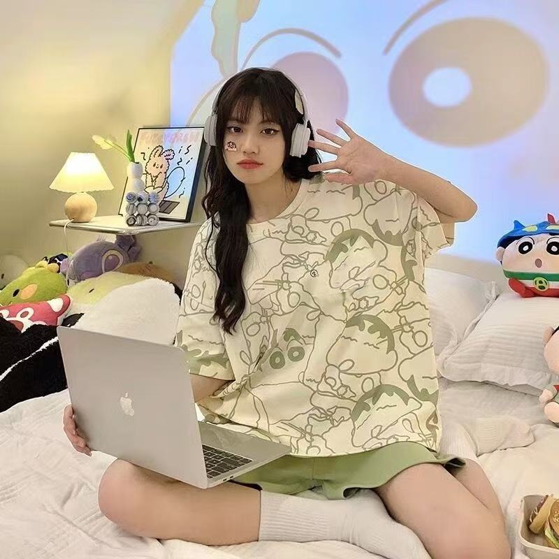 Printed Pajamas Women's Summer Short Sleeve Thin round Neck Suit Cute Cartoon Student Girl Home Wear