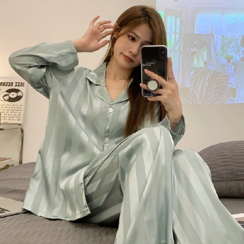 High-End Ice Silk Pajamas for Women, Spring and Autumn Long Sleeve Long Pants Student Ins Thin Home Wear Set