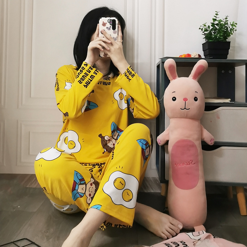 Simple Style Spring and Autumn Pajamas for Women Korean Style Solid Color Plaid Long Sleeve Wearable Loose Homewear Set