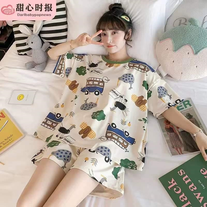 Printed Pajamas Women's Summer Short Sleeve Thin round Neck Suit Cute Cartoon Student Girl Home Wear