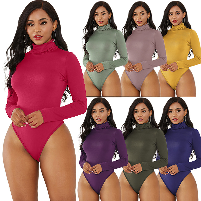 Sexy Women's Clothing 12 Colors Long Sleeve High Neck Slim Fit Solid Color Tight Bodysuit Winter-SLIQIA